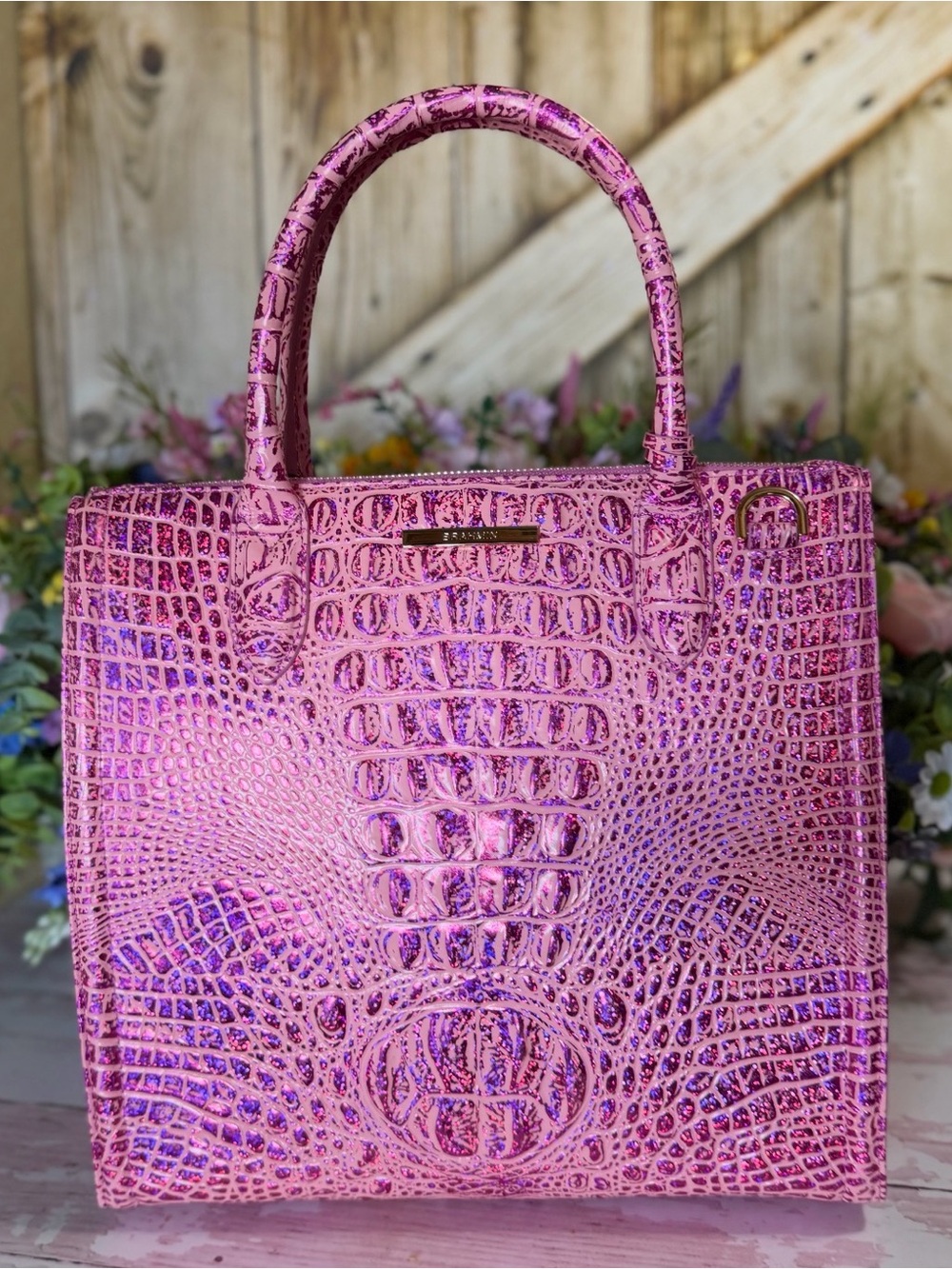 NWT Brahmin Caroline Empower Melbourne Leather Pink Purple sparkle FIRM $ 2 EYES - Picture 13 of 16